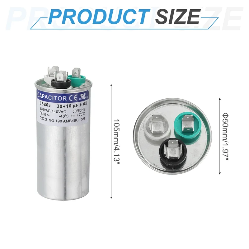 CBB65 Capacitor, 30+10uF 370-440 VAC 50/60Hz Aluminium Round Capacitor