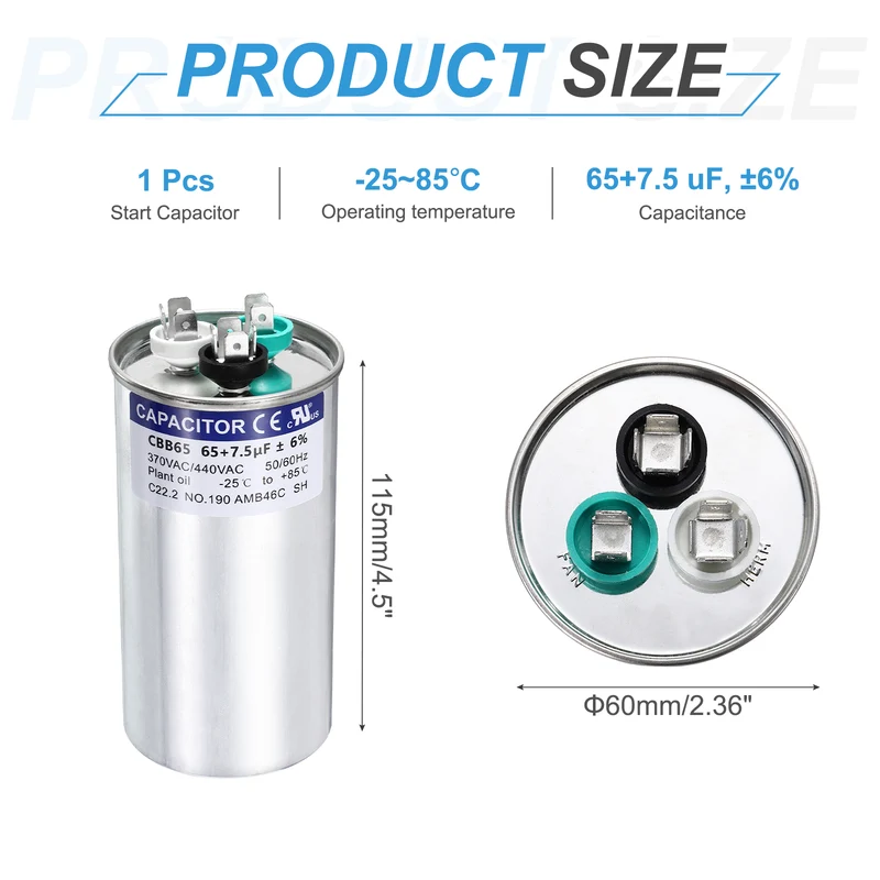 65+7.5MFD CBB65 Run Start Capacitor 65+7.5uF 370/440V Round AC Capacitor