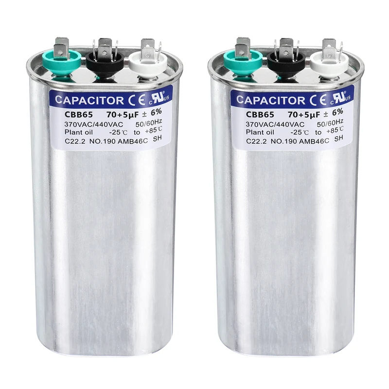 2Pcs 70+5MFD CBB65 Run Start Capacitor 70+5uF 370/440V Oval AC Capacitor