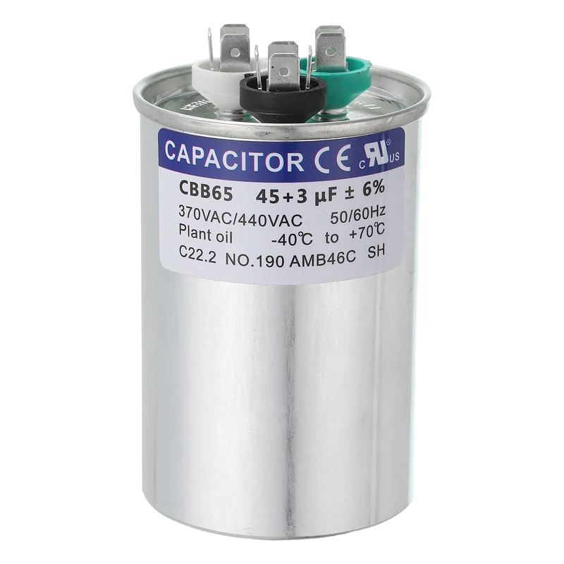 CBB65 Capacitor, 45+3uF 370-440 VAC 50/60Hz Aluminium Round Capacitor