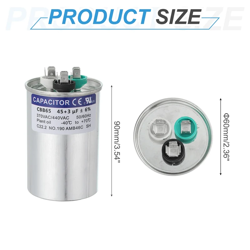 CBB65 Capacitor, 45+3uF 370-440 VAC 50/60Hz Aluminium Round Capacitor