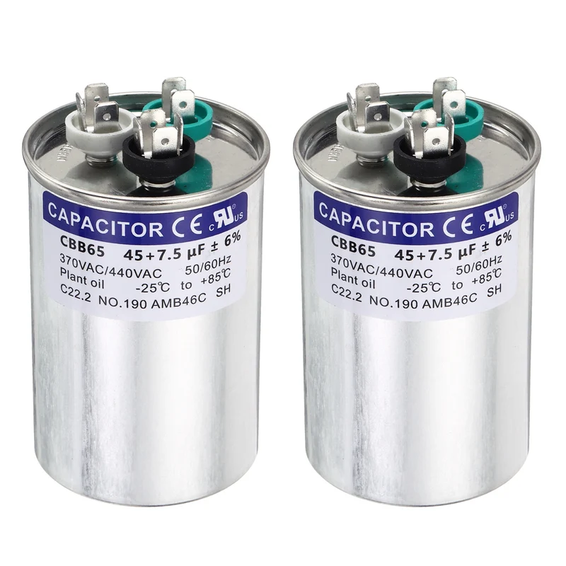 2Pcs 45+7.5MFD CBB65 Run Start Capacitor 45+7.5uF 370/440V Round AC Capacitor