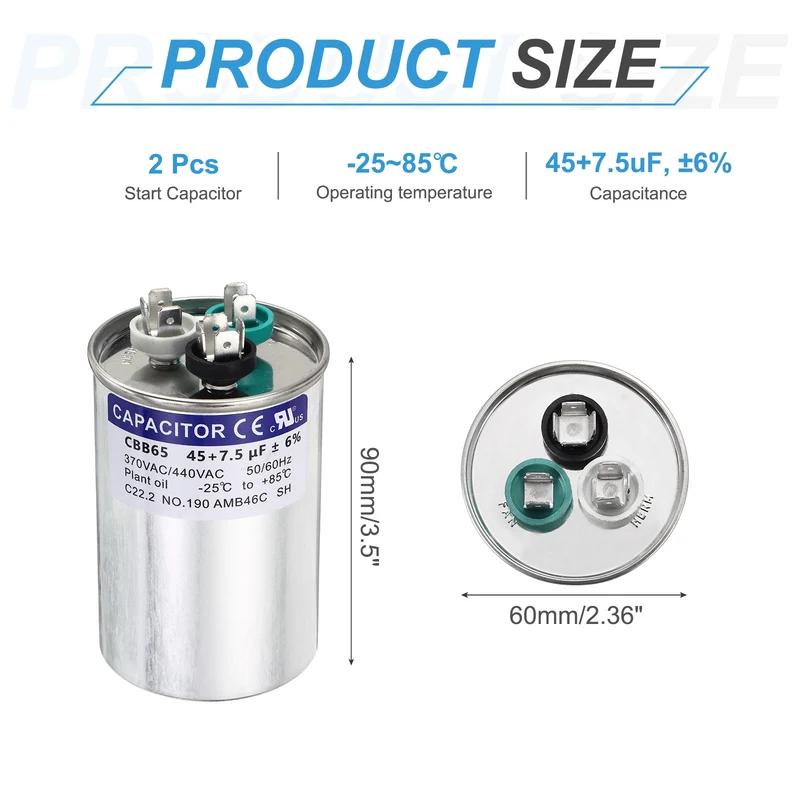 2Pcs 45+7.5MFD CBB65 Run Start Capacitor 45+7.5uF 370/440V Round AC Capacitor
