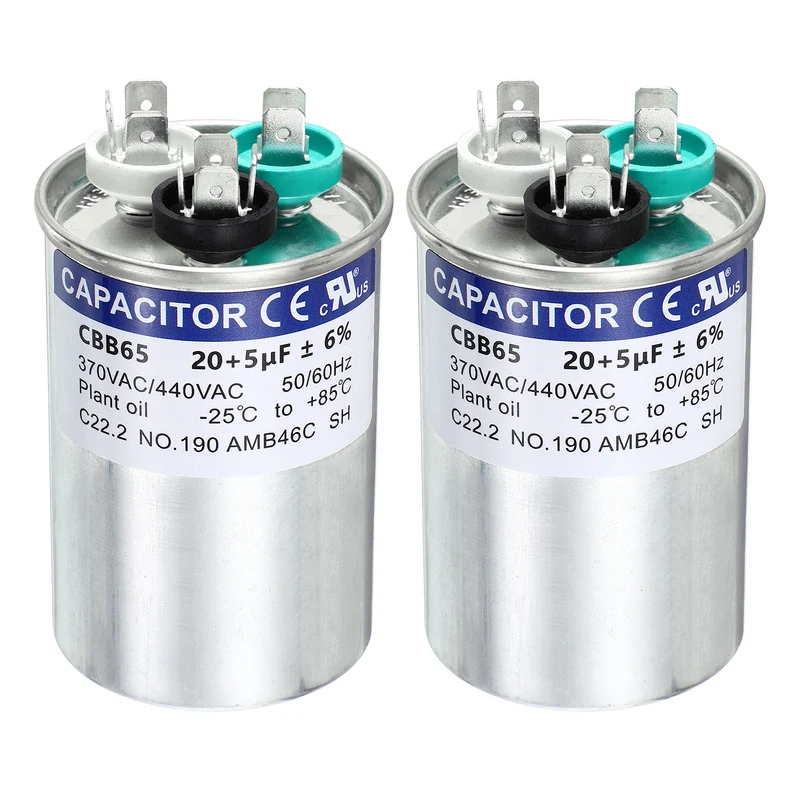 2Pcs 20+5MFD CBB65 Run Start Capacitor 20+5uF, 370/440V Round AC Capacitor