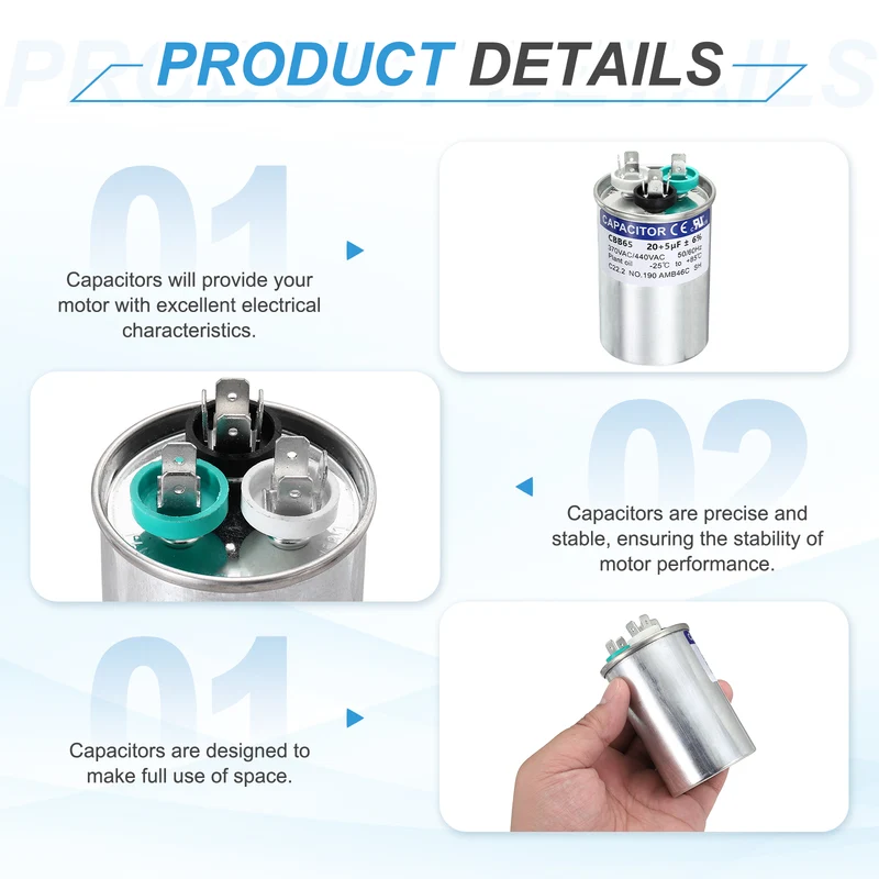 2Pcs 20+5MFD CBB65 Run Start Capacitor 20+5uF, 370/440V Round AC Capacitor