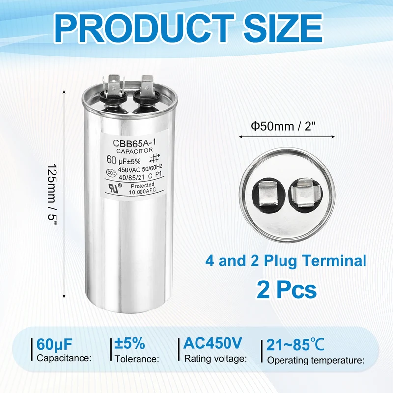 2 Pcs CBB65 Run Capacitor, Aluminum Case, 450V 60 F 5%