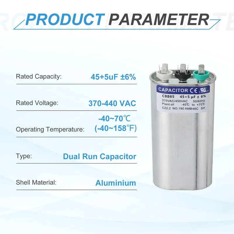CBB65 Capacitor, 45+5uF 370-440 VAC 50/60Hz Aluminium Capacitor