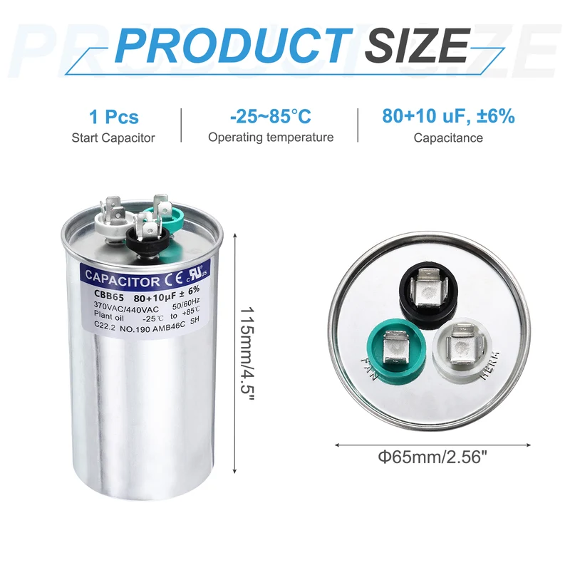 80+10MFD CBB65 Run Start Capacitor 80+10uF 370/440V Round AC Capacitor