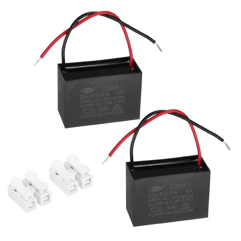 25uF 450V AC 2 Wires CBB61 Ceiling Fan Capacitor, 2pcs, 60x41.5x27.5mm