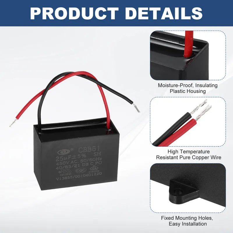 25uF 450V AC 2 Wires CBB61 Ceiling Fan Capacitor, 2pcs, 60x41.5x27.5mm