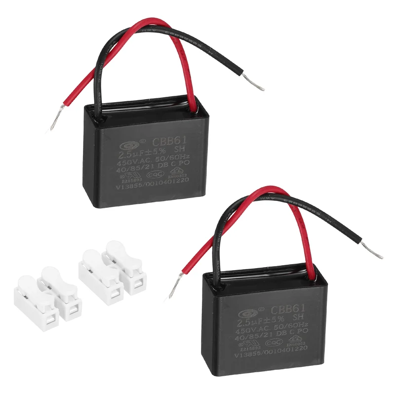 2.5uF 450V AC 2 Wires CBB61 Ceiling Fan Capacitor, 2pcs, 37.5x28.5x18mm