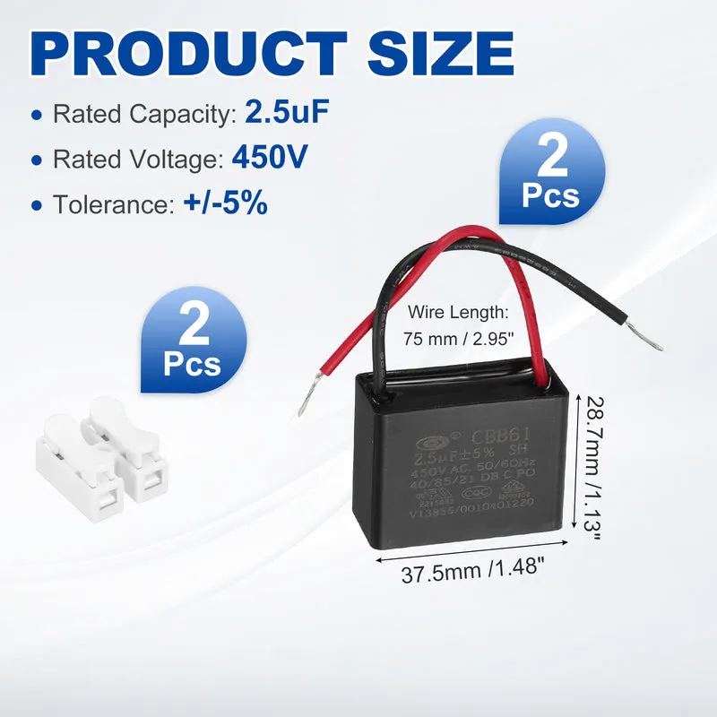 2.5uF 450V AC 2 Wires CBB61 Ceiling Fan Capacitor, 2pcs, 37.5x28.5x18mm