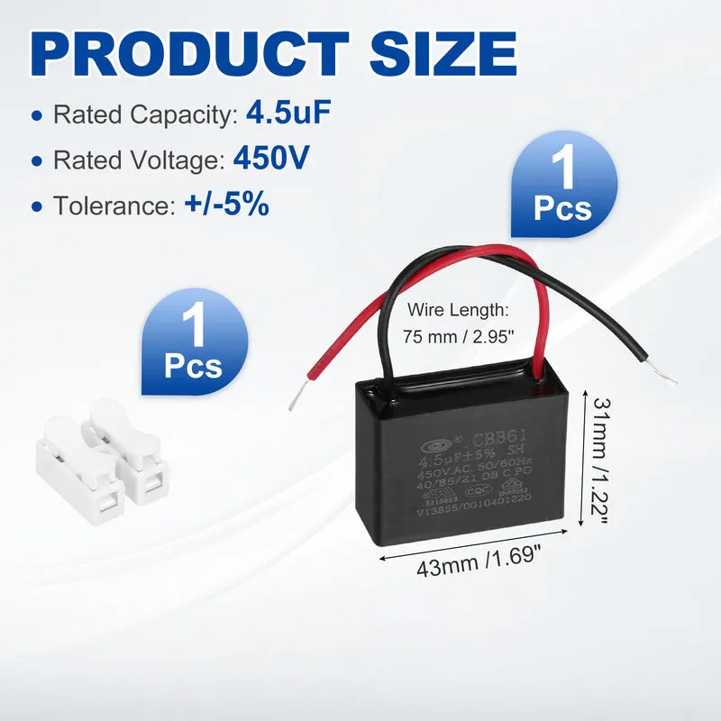 4.5uF 450V AC 2 Wires CBB61 Ceiling Fan Capacitor, 43x31x18mm