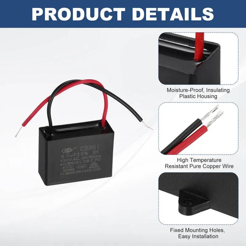 4.5uF 450V AC 2 Wires CBB61 Ceiling Fan Capacitor, 43x31x18mm