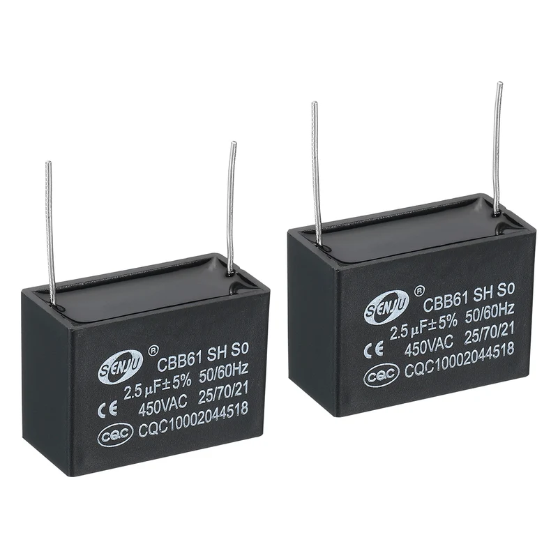 CBB61 Ceiling Fan Capacitor, 2Pcs 2.5uF 450V AC 50/60HZ with 2Pins 38x16x25mm