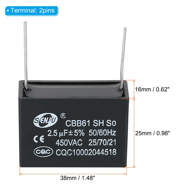 CBB61 Ceiling Fan Capacitor, 2Pcs 2.5uF 450V AC 50/60HZ with 2Pins 38x16x25mm
