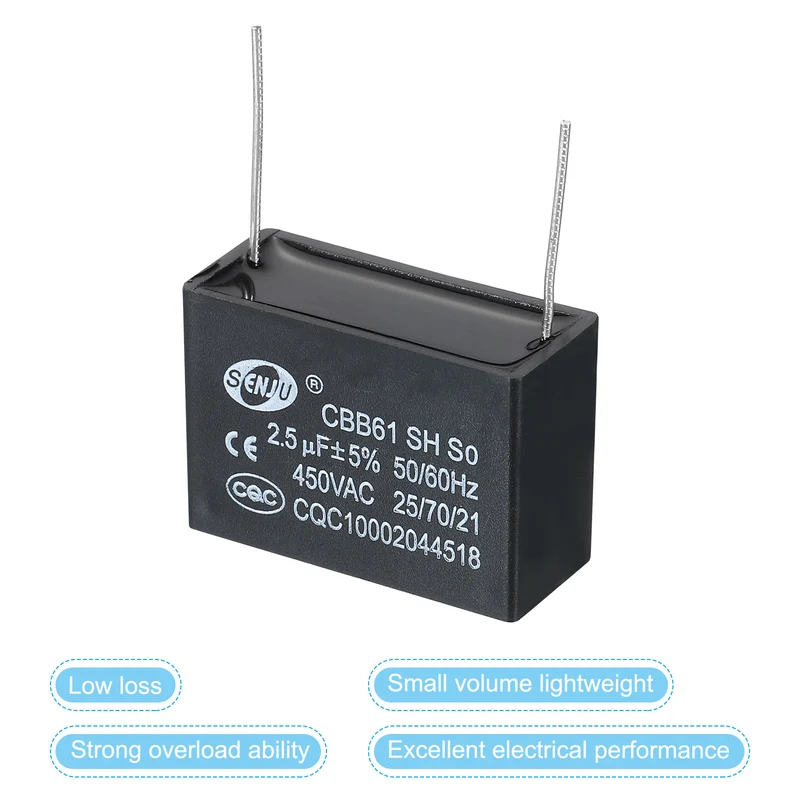 CBB61 Ceiling Fan Capacitor, 2Pcs 2.5uF 450V AC 50/60HZ with 2Pins 38x16x25mm