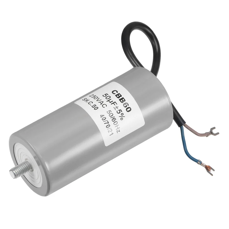 CBB60 Run Capacitor 50uF 250V AC 2 Wires 110x50mm with M8 Fixing Stud, Terminal