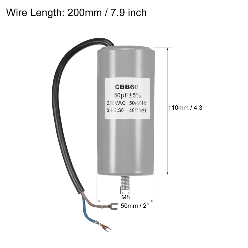 CBB60 Run Capacitor 50uF 250V AC 2 Wires 110x50mm with M8 Fixing Stud, Terminal