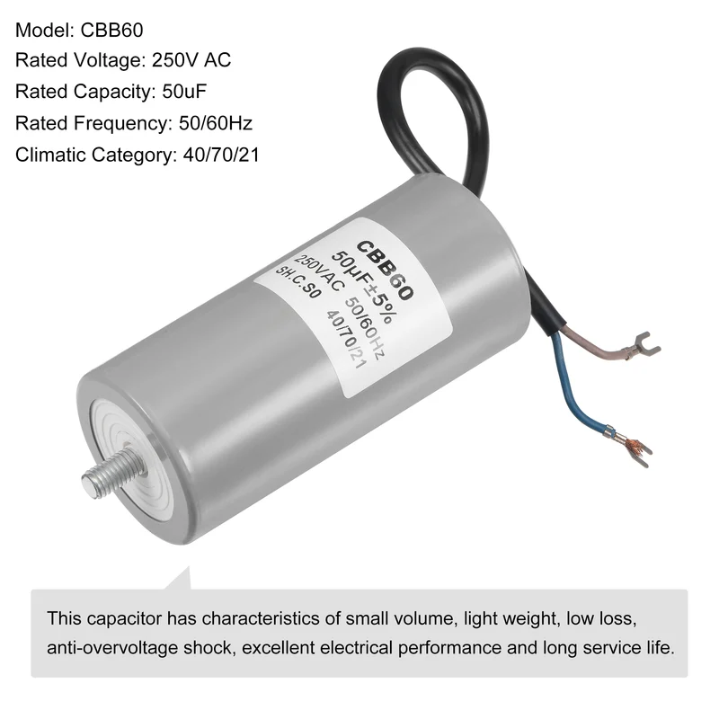 CBB60 Run Capacitor 50uF 250V AC 2 Wires 110x50mm with M8 Fixing Stud, Terminal