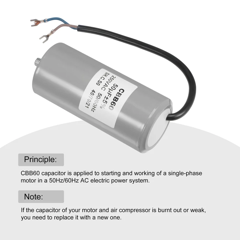 CBB60 Run Capacitor 50uF 250V AC 2 Wires 110x50mm with M8 Fixing Stud, Terminal