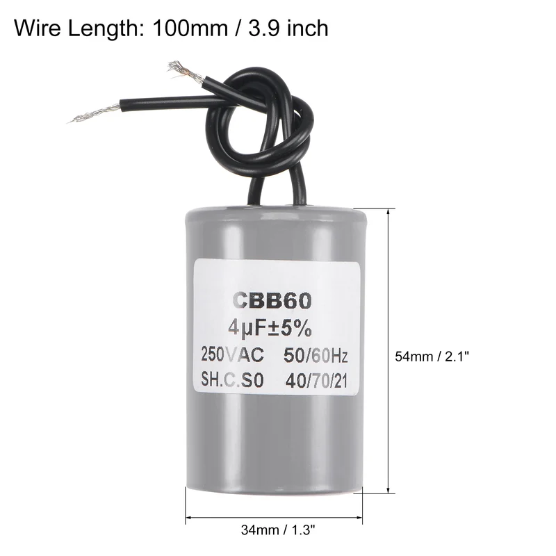 CBB60 Run Capacitor 4uF 250V AC 2 Wires 54x34mm for Compressor Pump Motor
