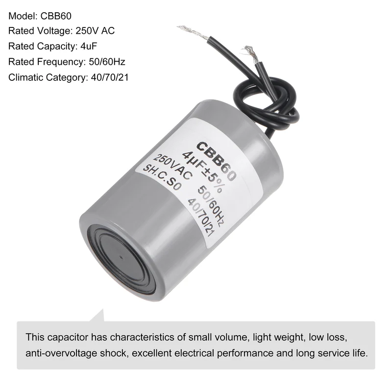 CBB60 Run Capacitor 4uF 250V AC 2 Wires 54x34mm for Compressor Pump Motor