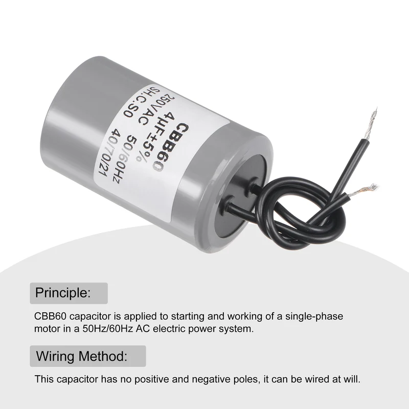 CBB60 Run Capacitor 4uF 250V AC 2 Wires 54x34mm for Compressor Pump Motor