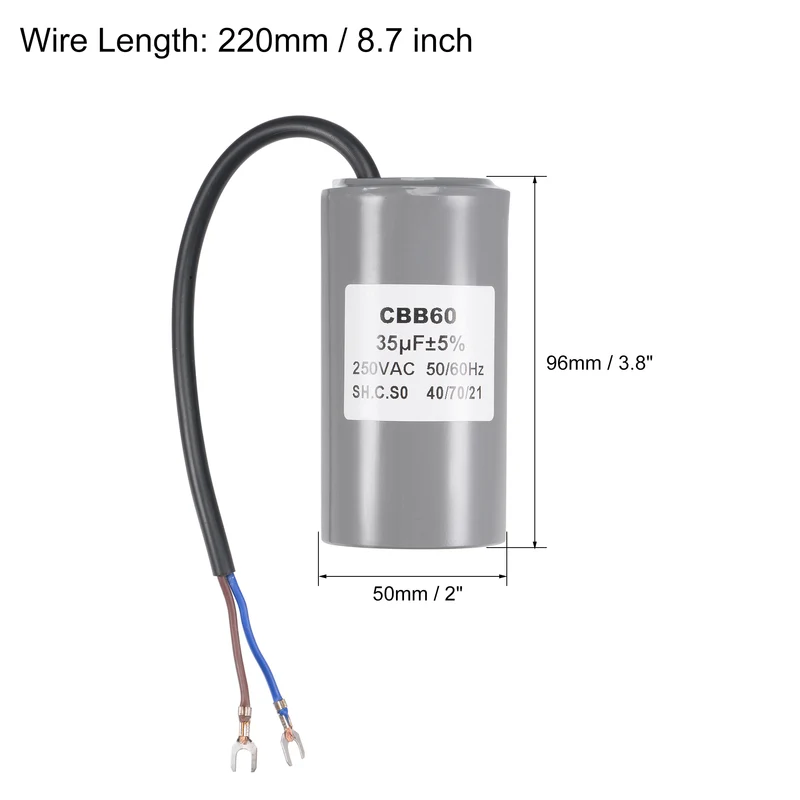 CBB60 Run Capacitor 35uF 250V AC 2 Wires 96x50mm with Terminal for Pump Motor