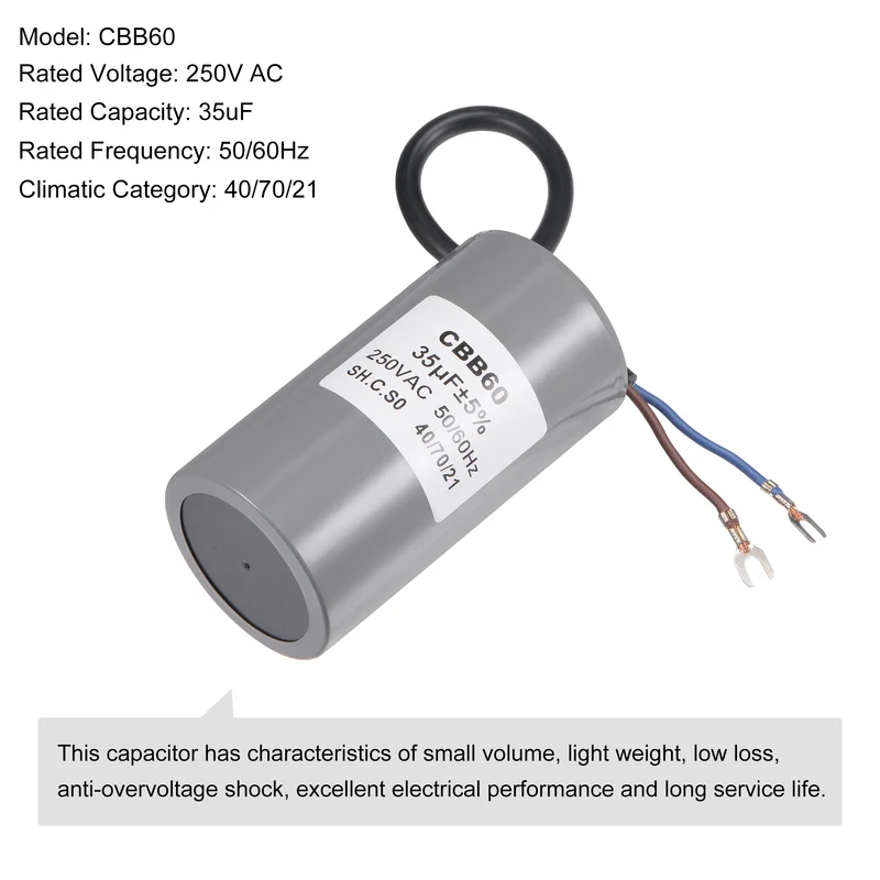 CBB60 Run Capacitor 35uF 250V AC 2 Wires 96x50mm with Terminal for Pump Motor