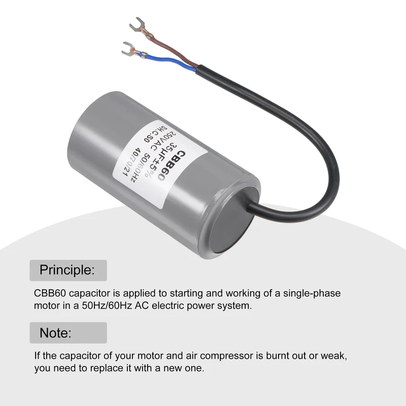 CBB60 Run Capacitor 35uF 250V AC 2 Wires 96x50mm with Terminal for Pump Motor