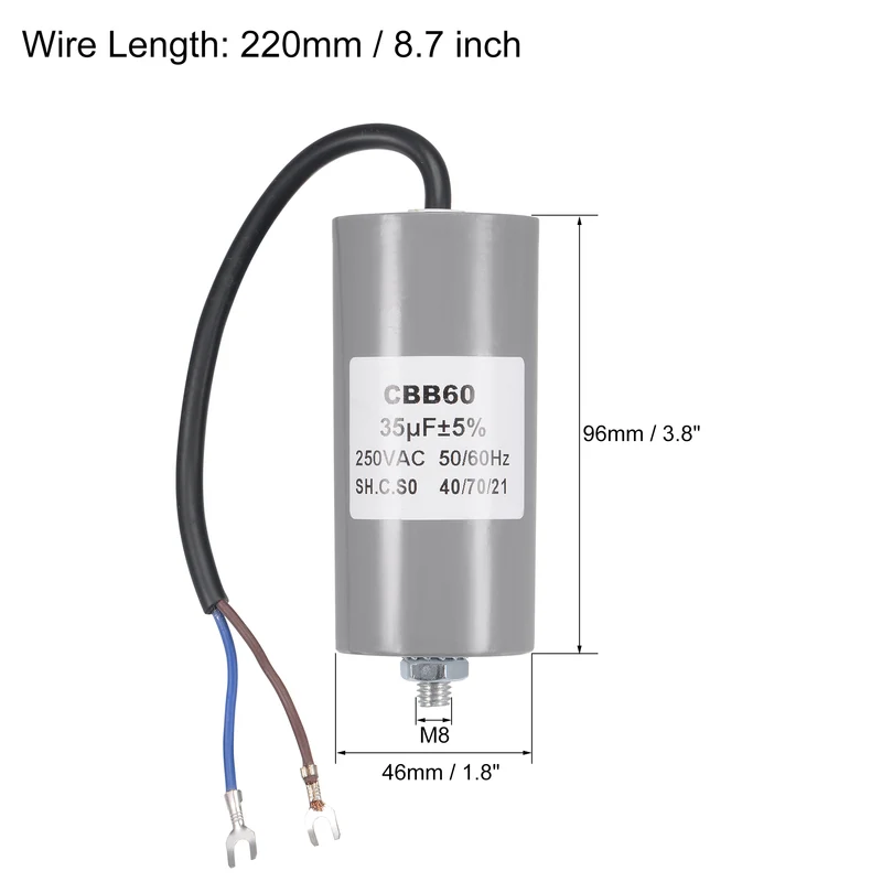 CBB60 Run Capacitor 35uF 250V AC 2 Wires 96x46mm with M8 Fixing Stud Terminal