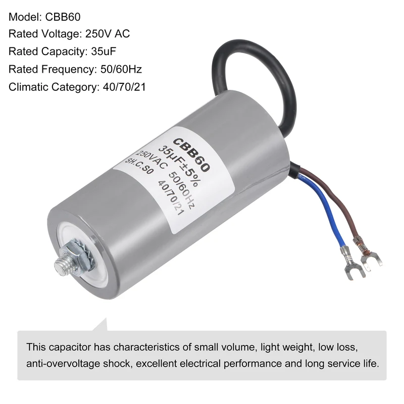 CBB60 Run Capacitor 35uF 250V AC 2 Wires 96x46mm with M8 Fixing Stud Terminal