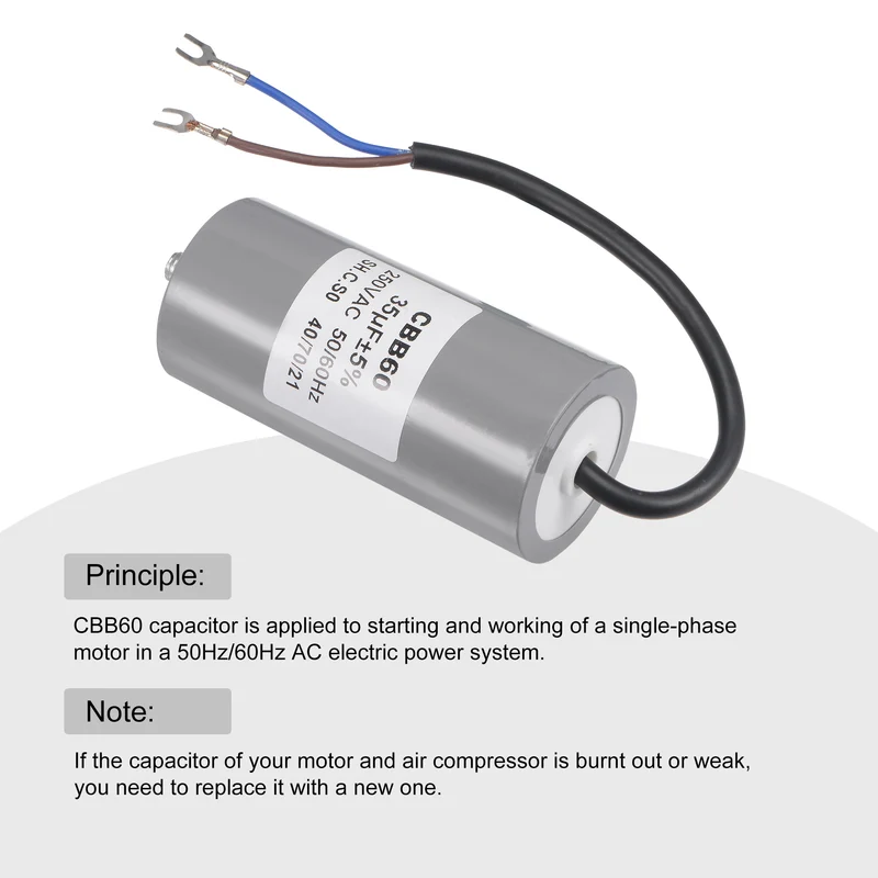 CBB60 Run Capacitor 35uF 250V AC 2 Wires 96x46mm with M8 Fixing Stud Terminal