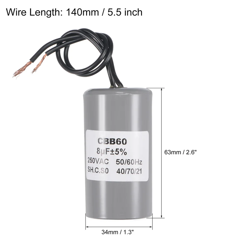 CBB60 Run Capacitor 8uF 250V AC 2 Wires 65x34mm for Compressor Pump Motor