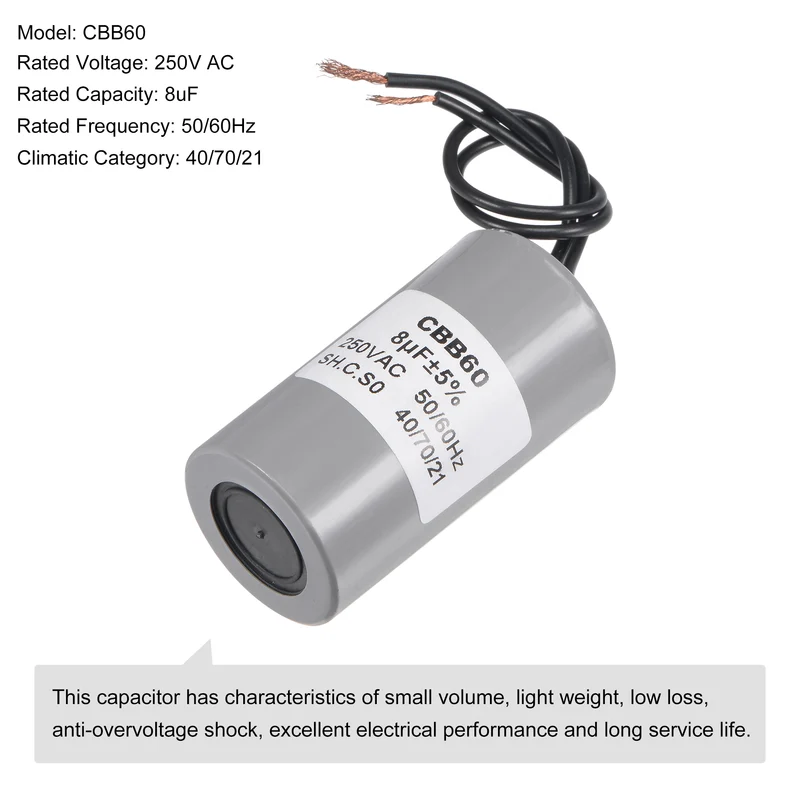 CBB60 Run Capacitor 8uF 250V AC 2 Wires 65x34mm for Compressor Pump Motor