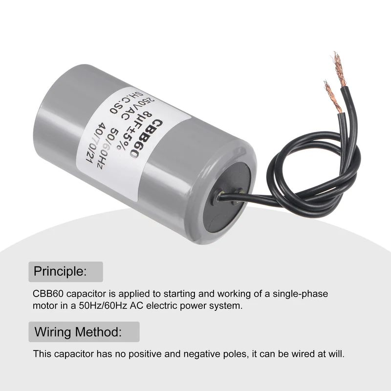 CBB60 Run Capacitor 8uF 250V AC 2 Wires 65x34mm for Compressor Pump Motor