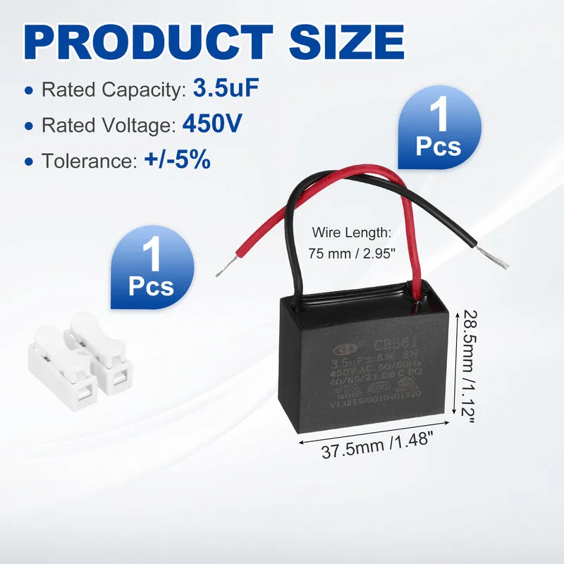 3.5uF 450V AC 2 Wires CBB61 Ceiling Fan Capacitor, 37.5x28.5x18mm
