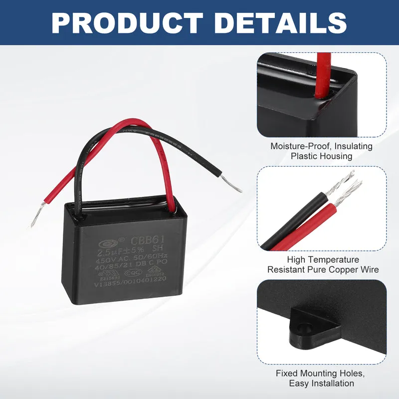 2.5uF 450V AC 2 Wires CBB61 Ceiling Fan Capacitor, 37.5x28.5x17.5mm