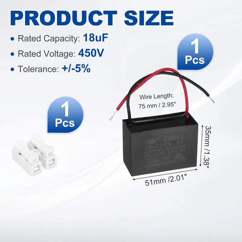 18uF 450V AC 2 Wires CBB61 Ceiling Fan Capacitor, 60x41.5x27.5mm
