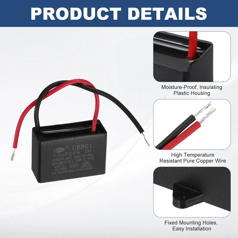 1.5uF 450V AC 2 Wires CBB61 Ceiling Fan Capacitor, 37x25x15mm