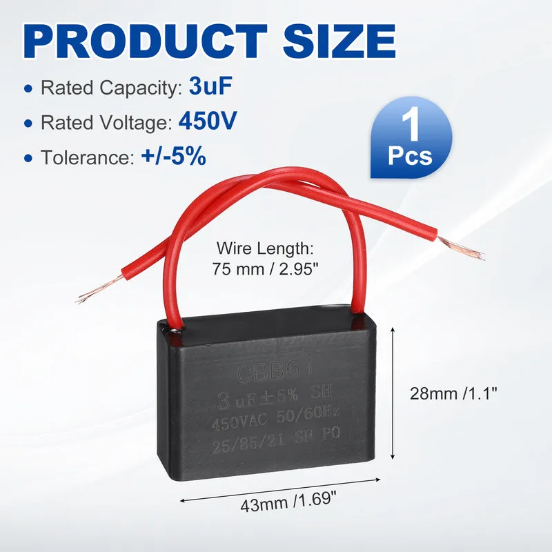 3uF 450V AC 2 Wires CBB61 Ceiling Fan Capacitor, 43x28x31mm