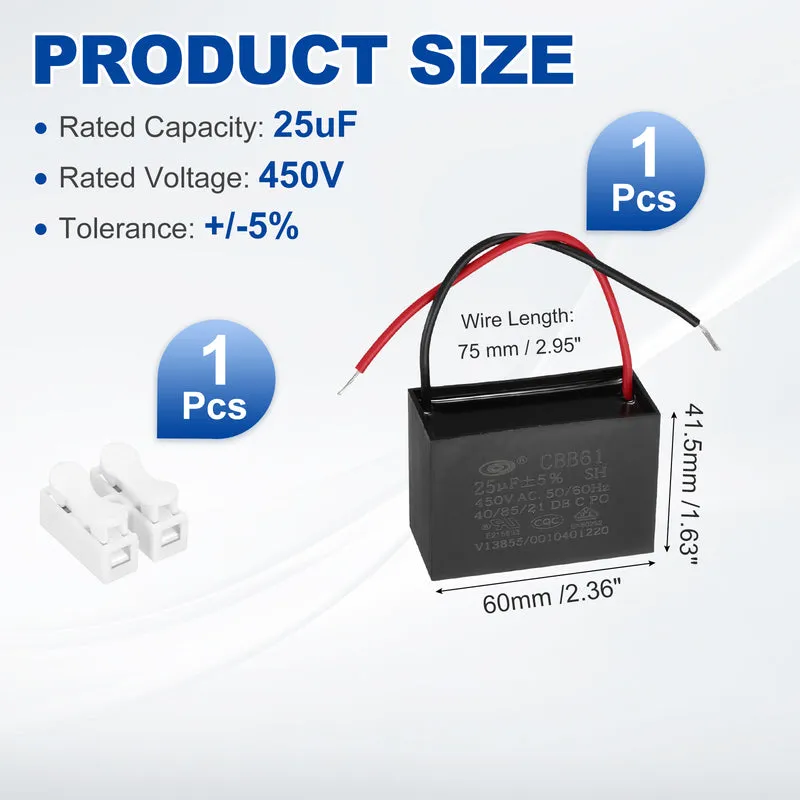 25uF 450V AC 2 Wires CBB61 Ceiling Fan Capacitor, 60x41.5x27.5mm