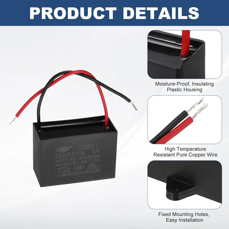 25uF 450V AC 2 Wires CBB61 Ceiling Fan Capacitor, 60x41.5x27.5mm