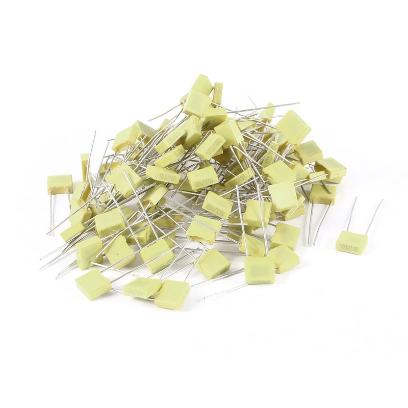 100 Pcs 100V 0.01uF 10NF Radial Lead Box Type Film Correction Capacitors Yellow