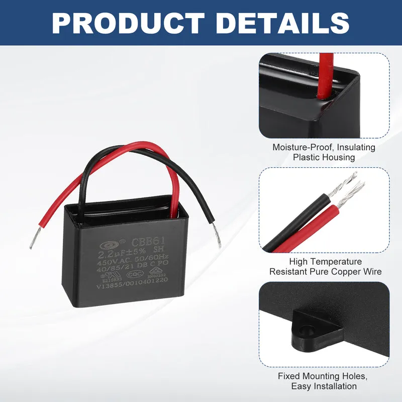 2.2uF 450V AC 2 Wires CBB61 Ceiling Fan Capacitor, 37.5x28.7x17.5mm