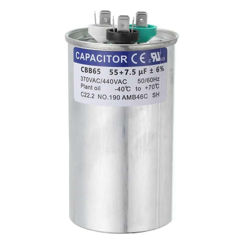 CBB65 Capacitor, 55+7.5uF 370-440 VAC 50/60Hz Aluminium Round Capacitor