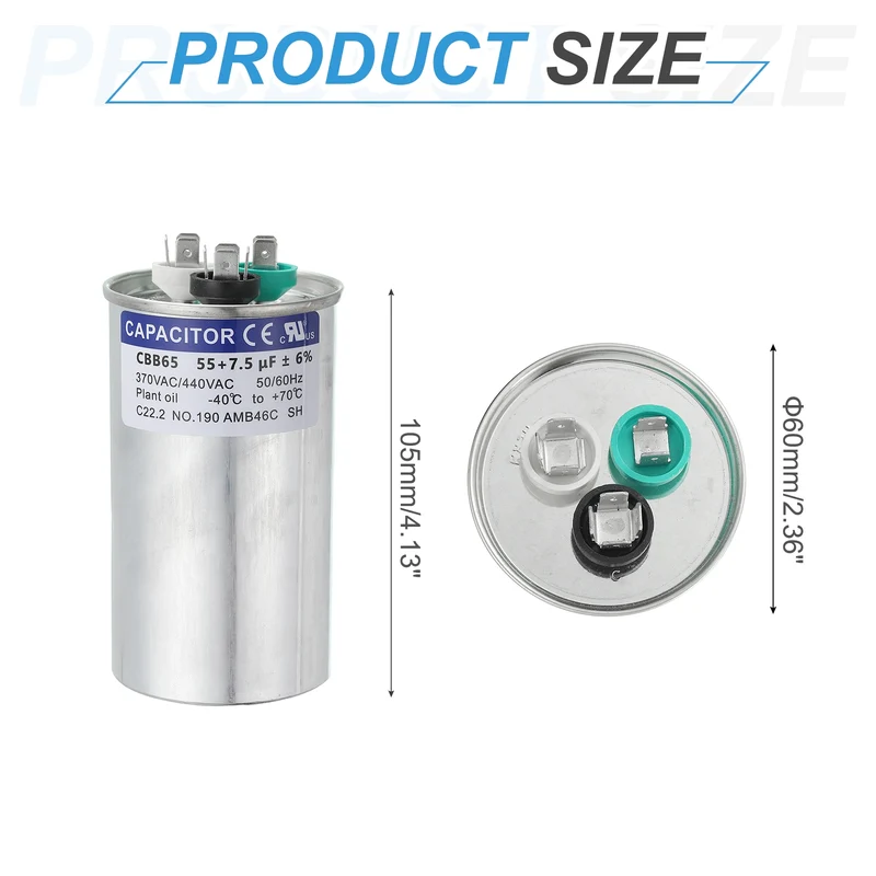 CBB65 Capacitor, 55+7.5uF 370-440 VAC 50/60Hz Aluminium Round Capacitor