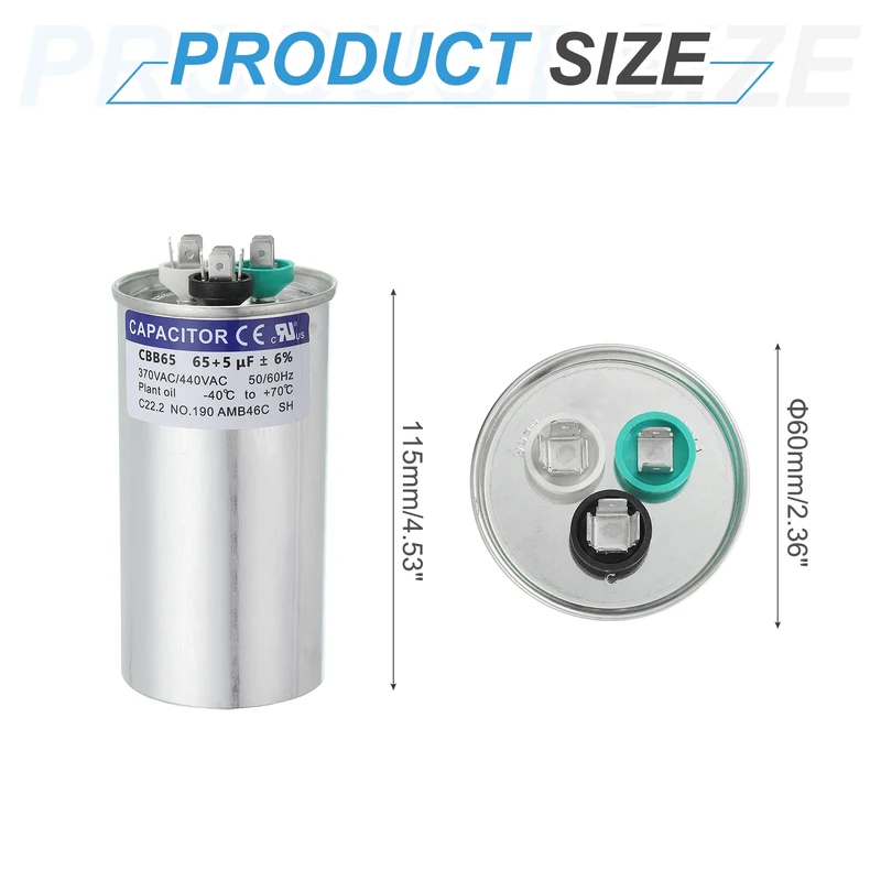 CBB65 Capacitor, 65+5uF 370-440 VAC 50/60Hz Aluminium Round Capacitor