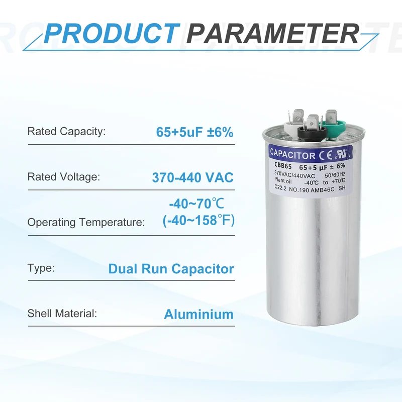 CBB65 Capacitor, 65+5uF 370-440 VAC 50/60Hz Aluminium Round Capacitor